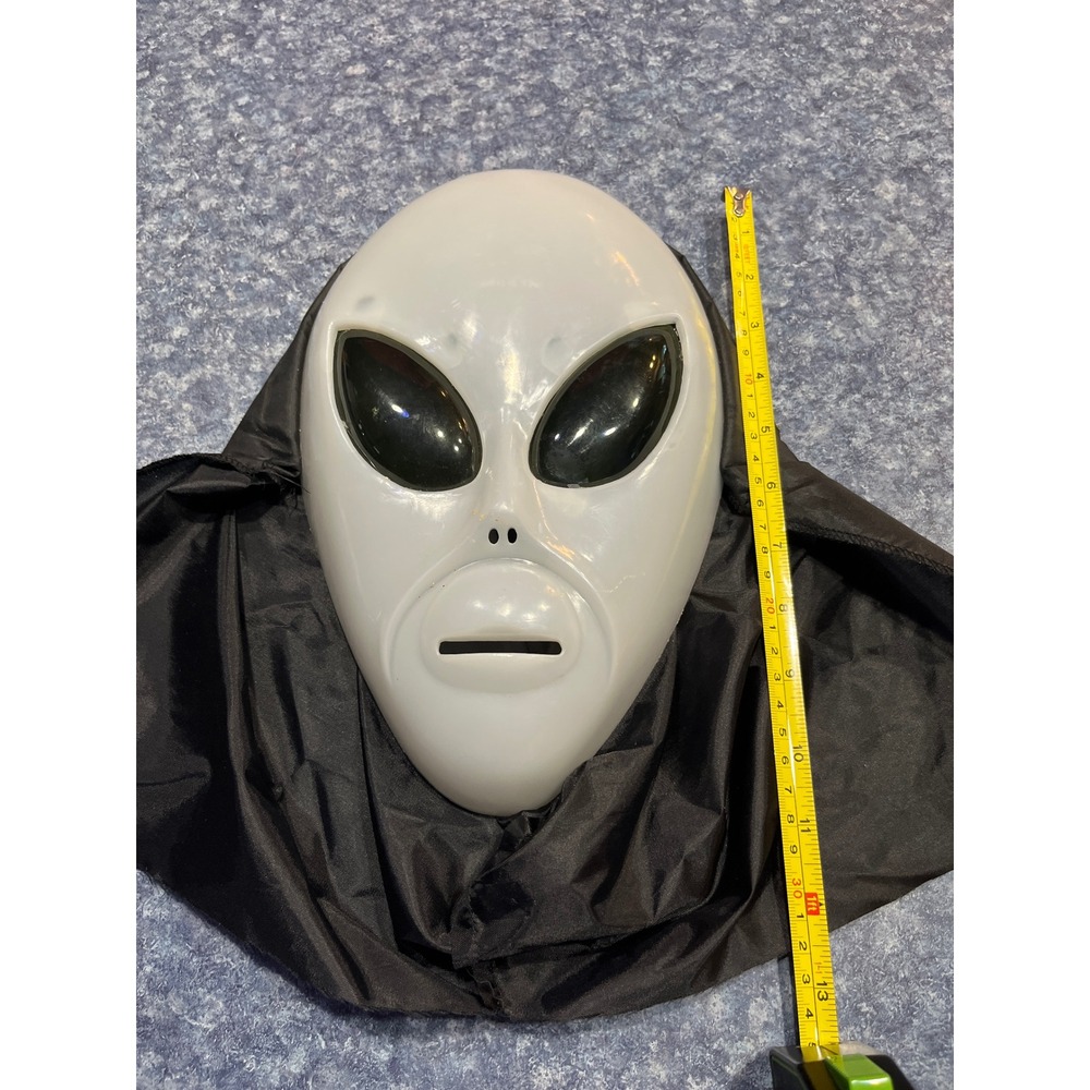 Alien Area 51 Halloween Mask with Black Fabric Hood Costume Accessory White - Picture 2 of 3